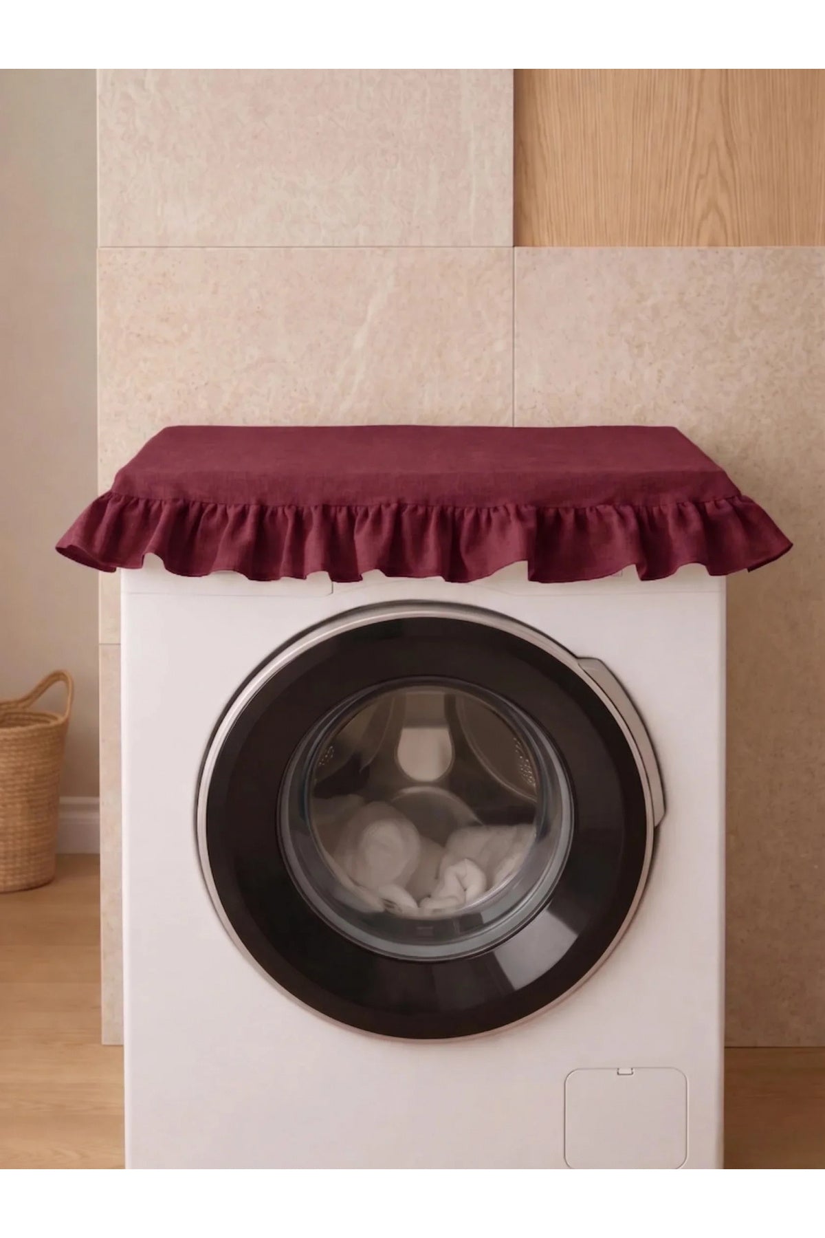 NDC HOME Fırfırlı Çamaşır Makinesi Örtüsü - Çeyizlik Dekoratif Banyo Makine Kılıfı- Bordo