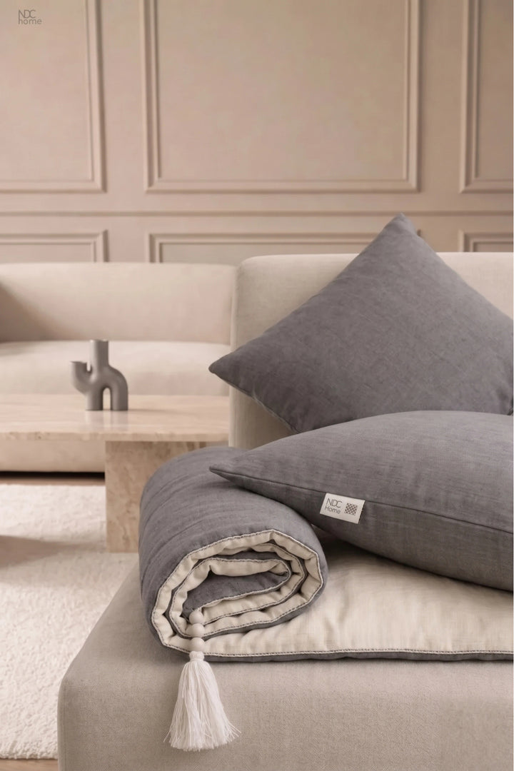 NDC HOME Luxury Çift Taraflı Keten Koltuk Pedi / Şiltesi [Kırlentli] - Füme-Krem