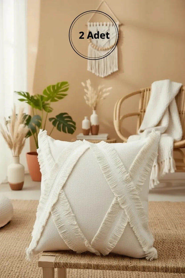 Özel Tasarımkare Çapraz Kokoş Tekli Keten Krem Kırlent Kılıfı 43x43