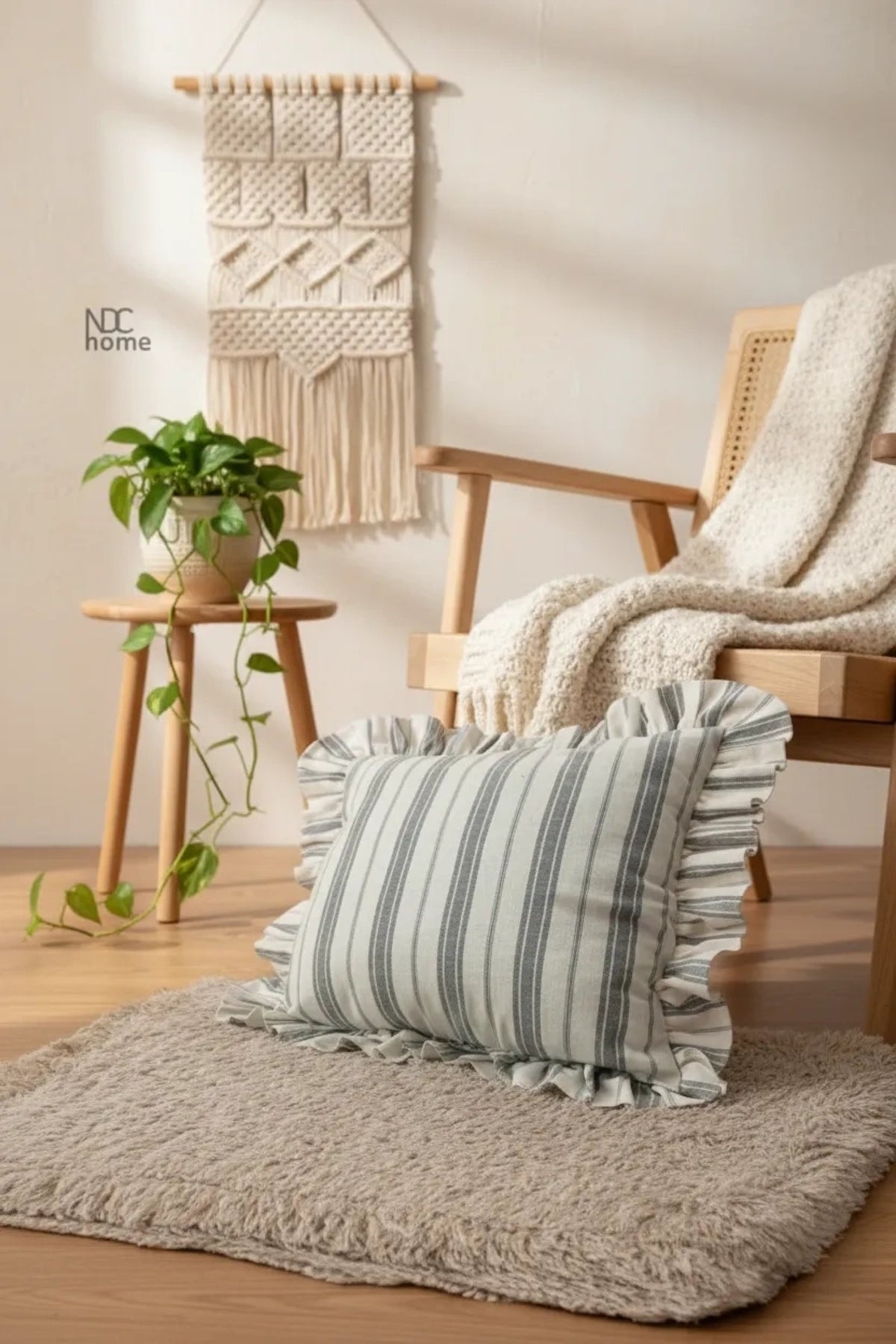 NDC HOME Premium Keten Gri Kalın Çizgili Fırfırlı KIrlent Kırlent Kılıfı (43 x 43 )