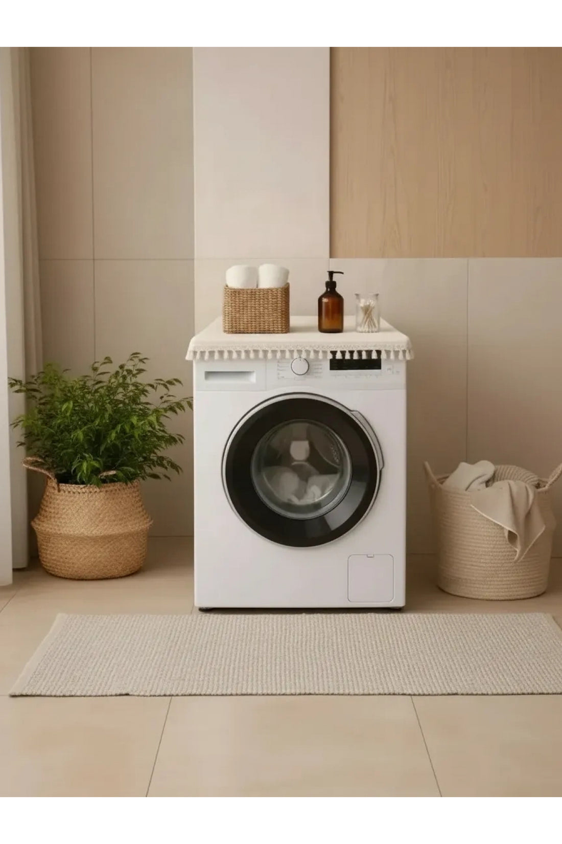 NDC HOME Ham Ponponlu Monica Çamaşır Makinesi Örtüsü - Çeyizlik Dekoratif Banyo Makine Kılıfı