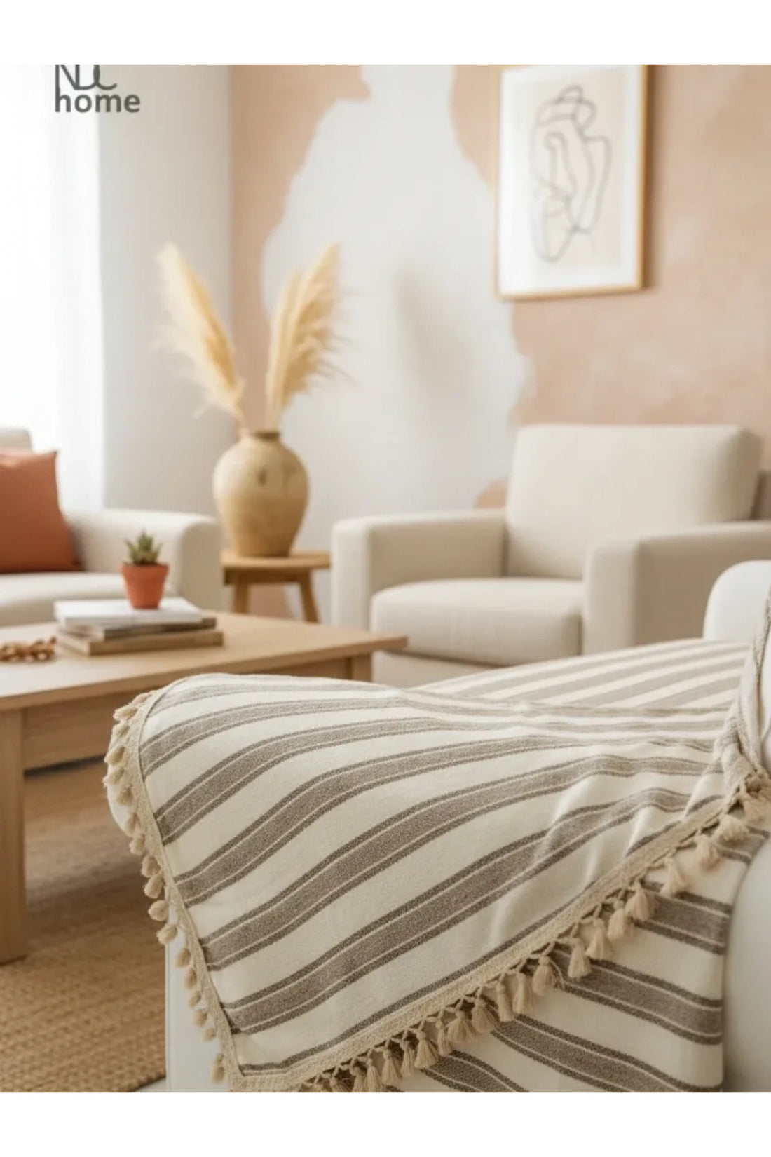 NDC HOME Premium Keten Kahverengi Çizgili Bej Ponponlu   Koltuk Örtüsü (170 x 220)