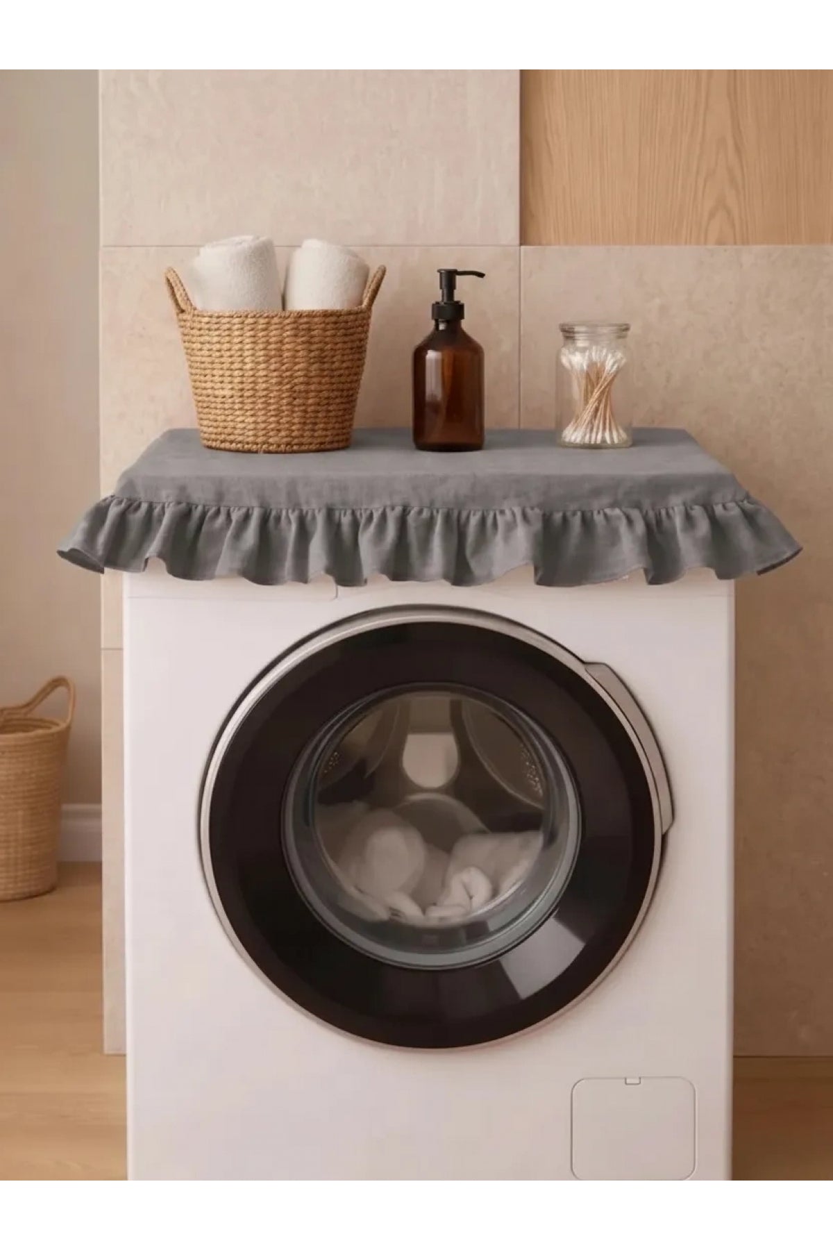 NDC HOME Fırfırlı Çamaşır Makinesi Örtüsü - Çeyizlik Dekoratif Banyo Makine Kılıfı- Füme
