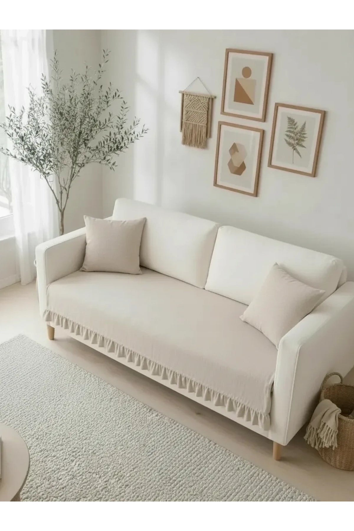 NDC HOME Fırfırlı Keten Koltuk Örtüsü [Kırlentli] -Krem
