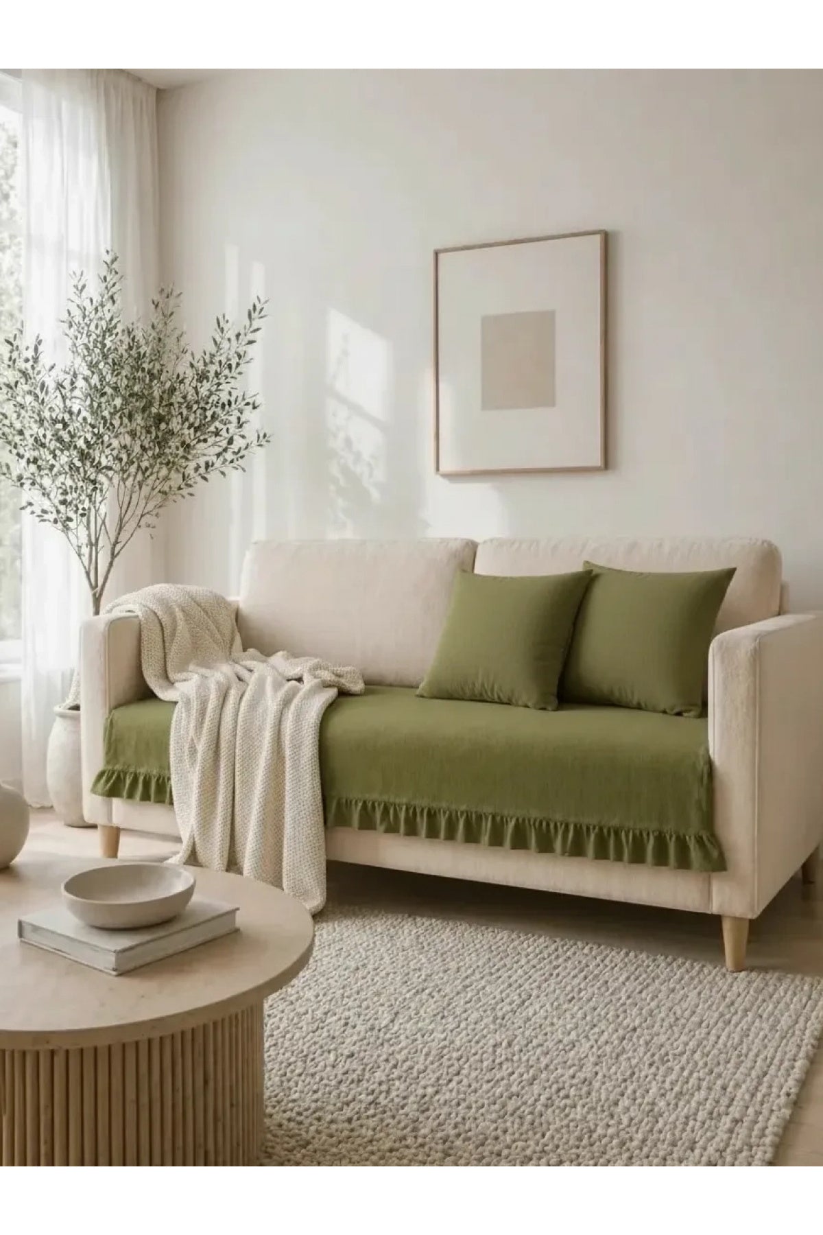 NDC HOME Fırfırlı Keten Koltuk Örtüsü [Kırlentli] -Haki