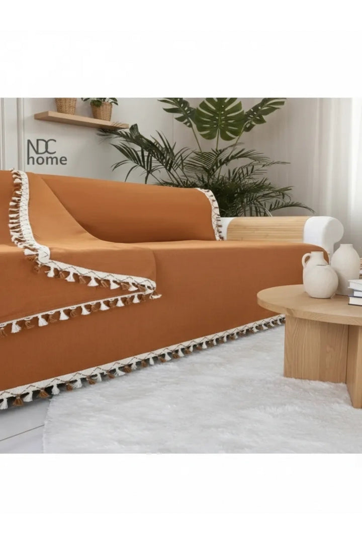 NDC HOME Premium Keten Tarçın [ TARÇIN] Ponponlu Koltuk Örtüsü (170 x 220