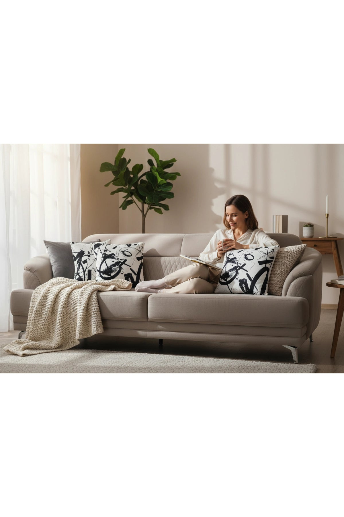 NDC HOME Soyut Desenli Modern Dekoratif Kırlent – Siyah Beyaz Dijital Baskı 45 x 45 cm